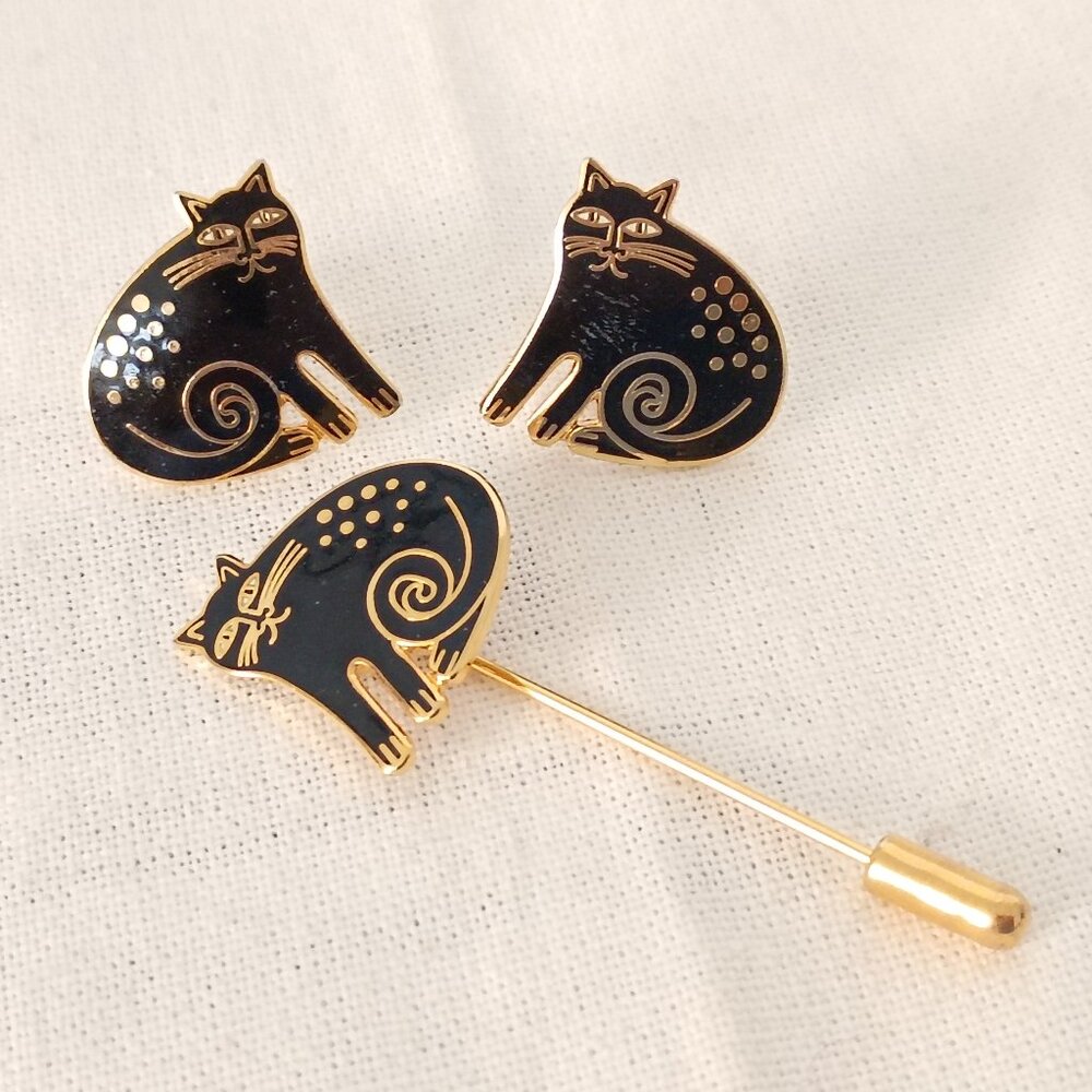 ❤️Set 2 LAUREL BURCH Navy Keshire Cat Earrings and Hat Pin